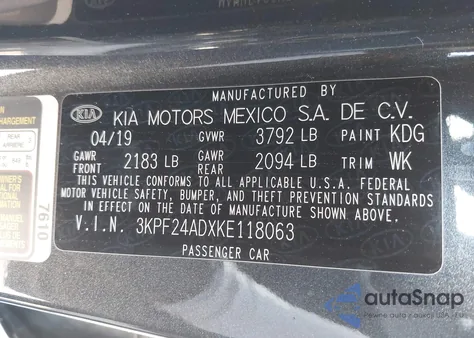 2019 Kia Forte Lxs из США, поврежденный, VIN 3KPF24ADXKE118063